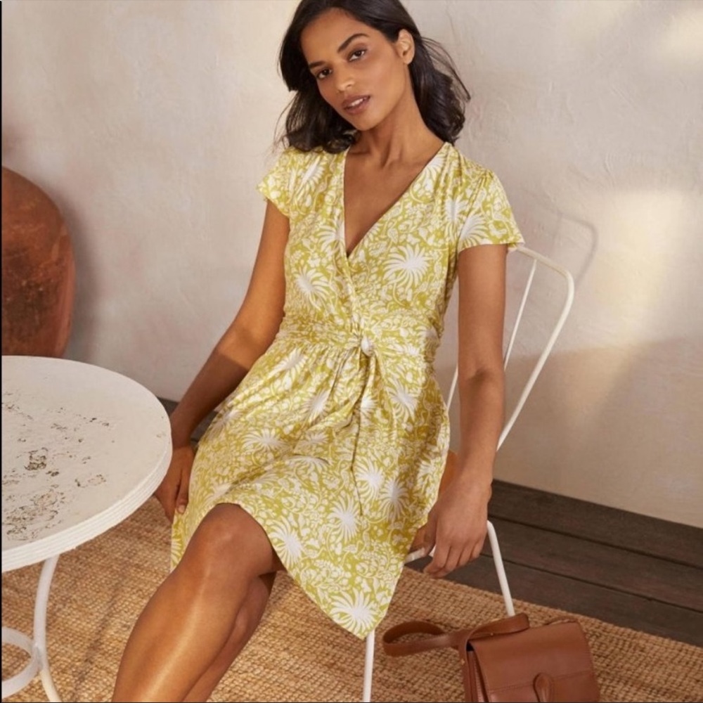 Boden Evangeline Jersey Faux Wrap Dress in Chartreuse Tropical Charm US8 NWT